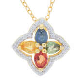 Multiple color sapphire pendant in gold setting, featuring pear-shaped gemstones and sparkling accents.